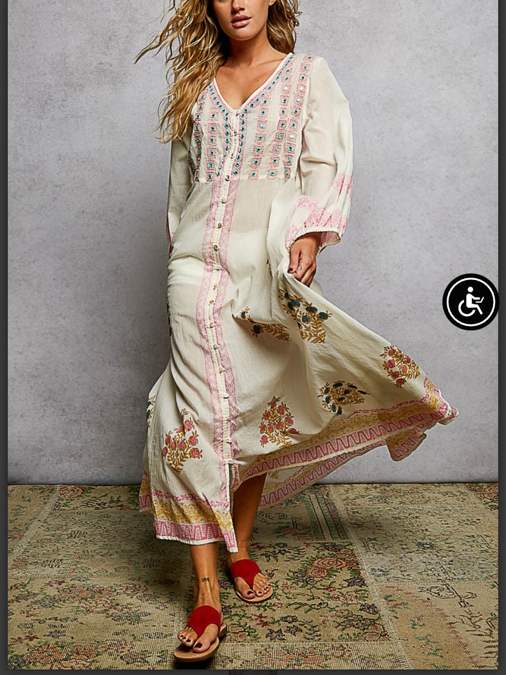 POL Boho Embroidered Cream Maxi Dress with Pink Accents - Picture 3 of 9